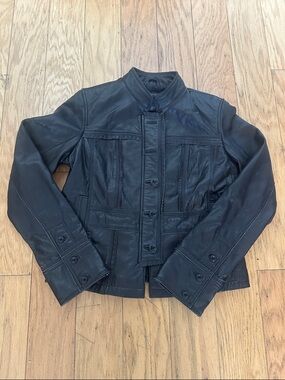 Style & Co. Black Leather Button-Front Jacket with Band Collar